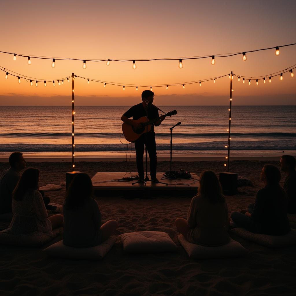 Intimate acoustic beach performance at sunset